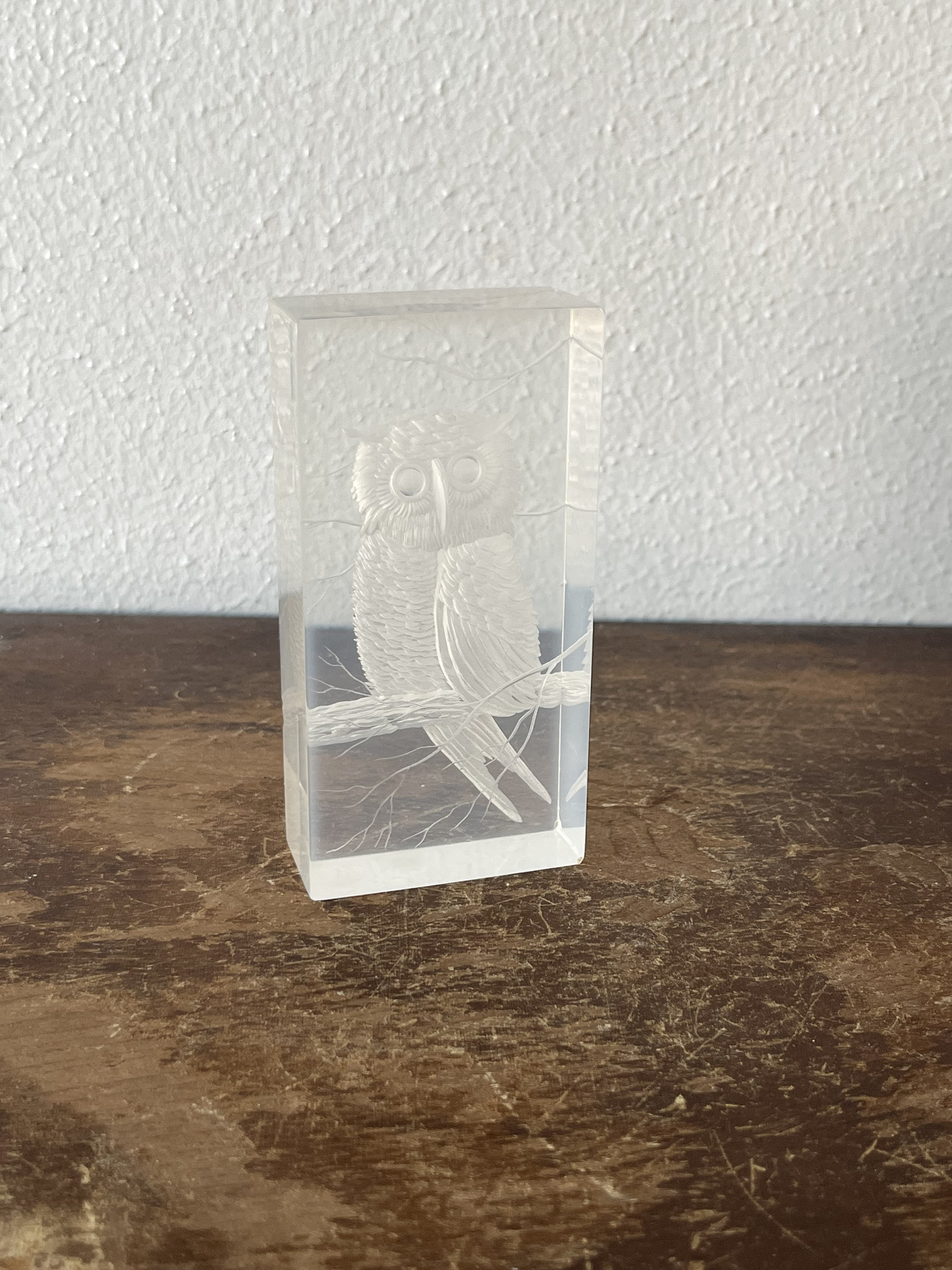 Vintage Signed Relief Carved Lucite Owl Sculpture Block Artisan Art Piece Carved Block