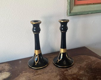 Vintage Amethyst Glass Gold Accented Candlestick Pair Cambridge Glass Style Art Nouveau Hand Detailed