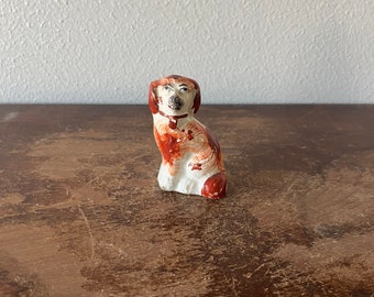 Antique Staffordshire Seated Spaniel Figurine With Painted Collar and Locket Made in England Painted Figurine Ceramic Mid-19th Century