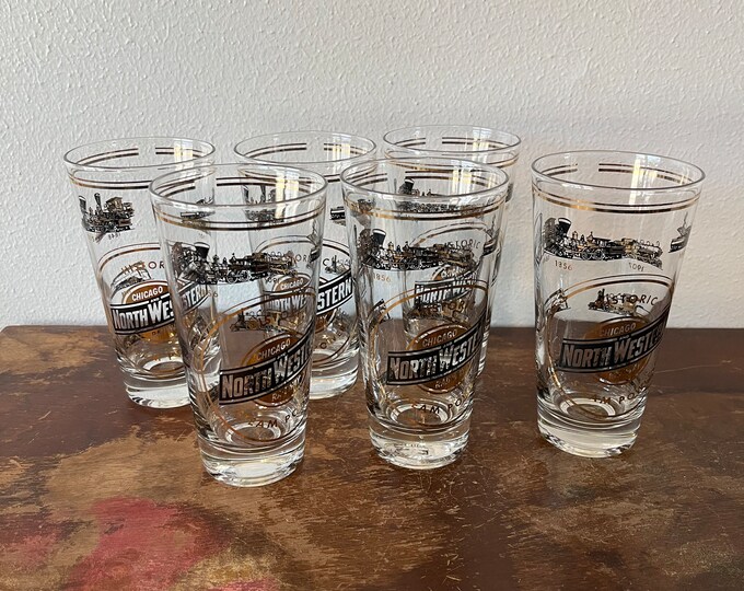 Set of 6 Vintage Tall Glasses Railroad Historic Chicago Northwestern