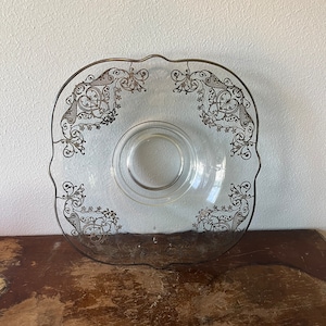 Vintage Silver Overlay Glass Centerpiece Bowl Fruit Bowl Silver Flourish Hosting Dinner Party Luncheon Vintage Glass