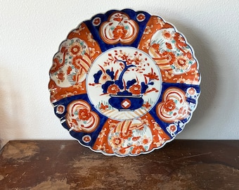 Circa 1900 Imari 12” Platter Fluted Edge Traditional Pattern Table Accent Blue and Orange Hand Painted Iridescent Flower Pot Scalloped Edge