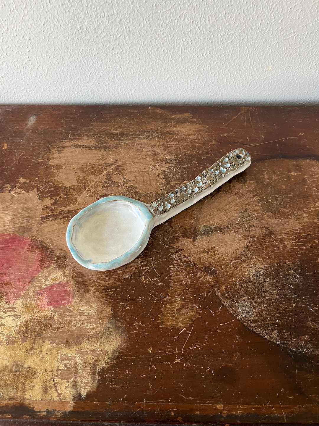 Artisan Handmade Floral Spoon Rest Slab Project Blue White and Brown ...