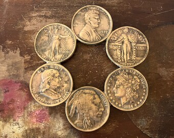 Vintage Metal US Coin Trivet Buffalo Nickel Franklin Half Dollar Walking Liberty Morgan Dollar Lincoln Penny Numismatic Coin Collector