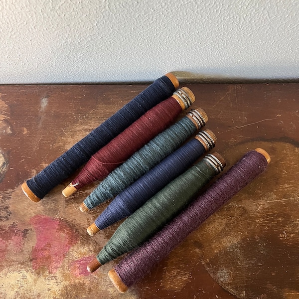 Vintage Textile Spindle Spools Wooden Spools Yarn and Thread Colorful Americana Wooden Bobbin Industrial Decor Sewing Notions Spinning