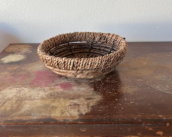 Vintage Woven Reed Coil Basket Woven Coils Handmade Basket Hand Woven Basket Wrapped Wire Collectible Basket