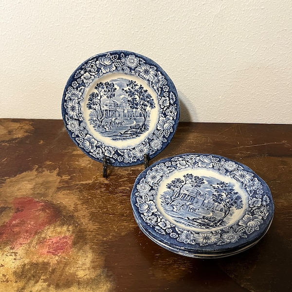 Set of 4 “Liberty Blue Monticello” Staffordshire Bread Plates Blue Transferware Historic Blue Floral Border Blue and White Small Plates