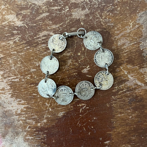 1913 - 1918 Three Pence Bracelet Great Britain Silver Coins King George V Sterling Silver Coins Drilled Coins Numismatic Sterling Bracelet