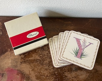 Pimpernel Boxed Coaster Set of 5 “Alphabet Floral Y” Yucca Floral Border Monogram Table Accent Original Box Cork Back