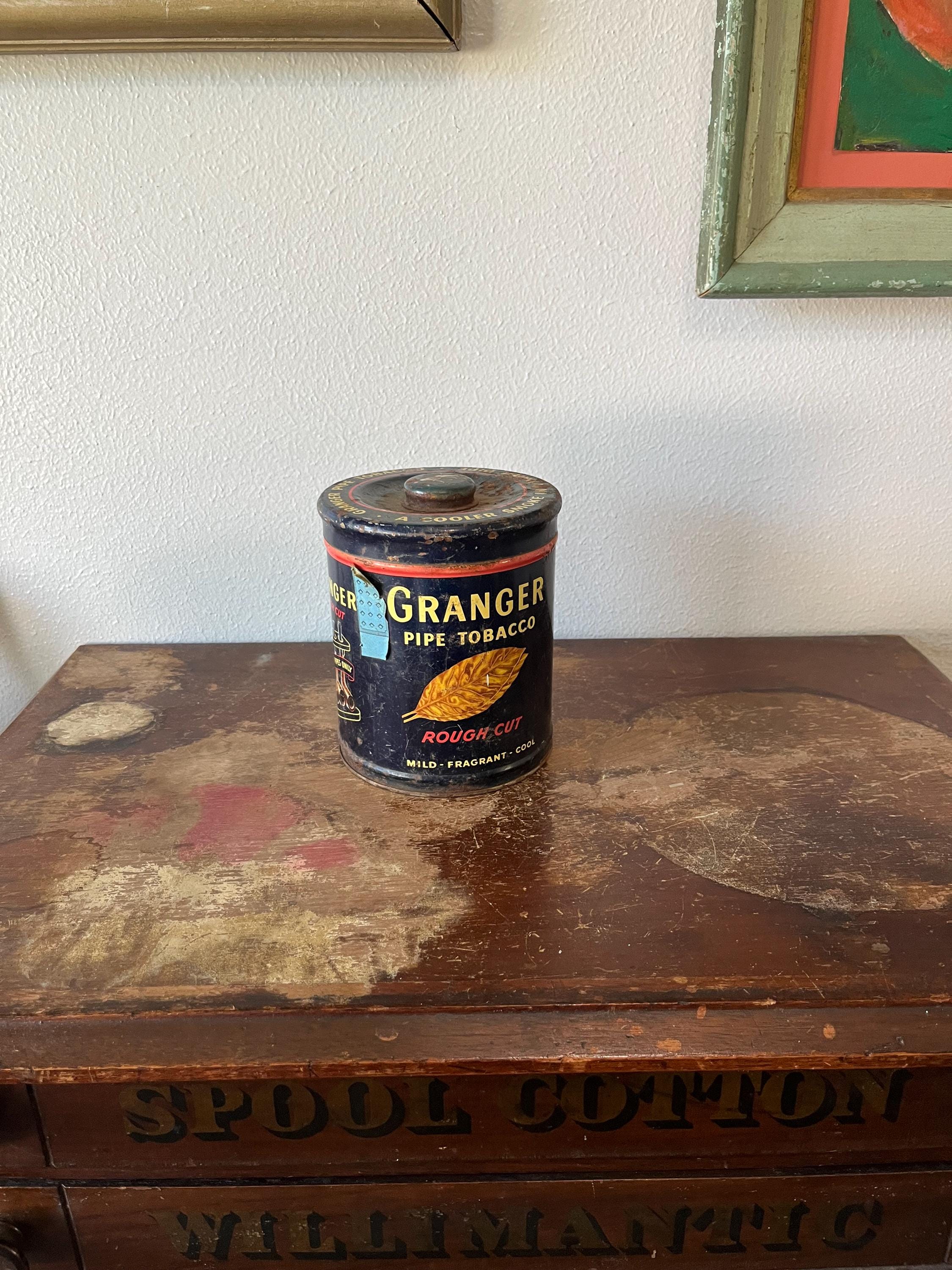 granger rough cut pipe tobacco can Vintage Granger Pipe Tobacco Tin Round Vintage Tin Rough Cut Storage Box  Decor Box Blue Tin Gold Leaf