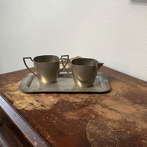 Vintage Wiese Pewter Cream and Sugar Three Piece Set Handmade Art Deco Style Squared