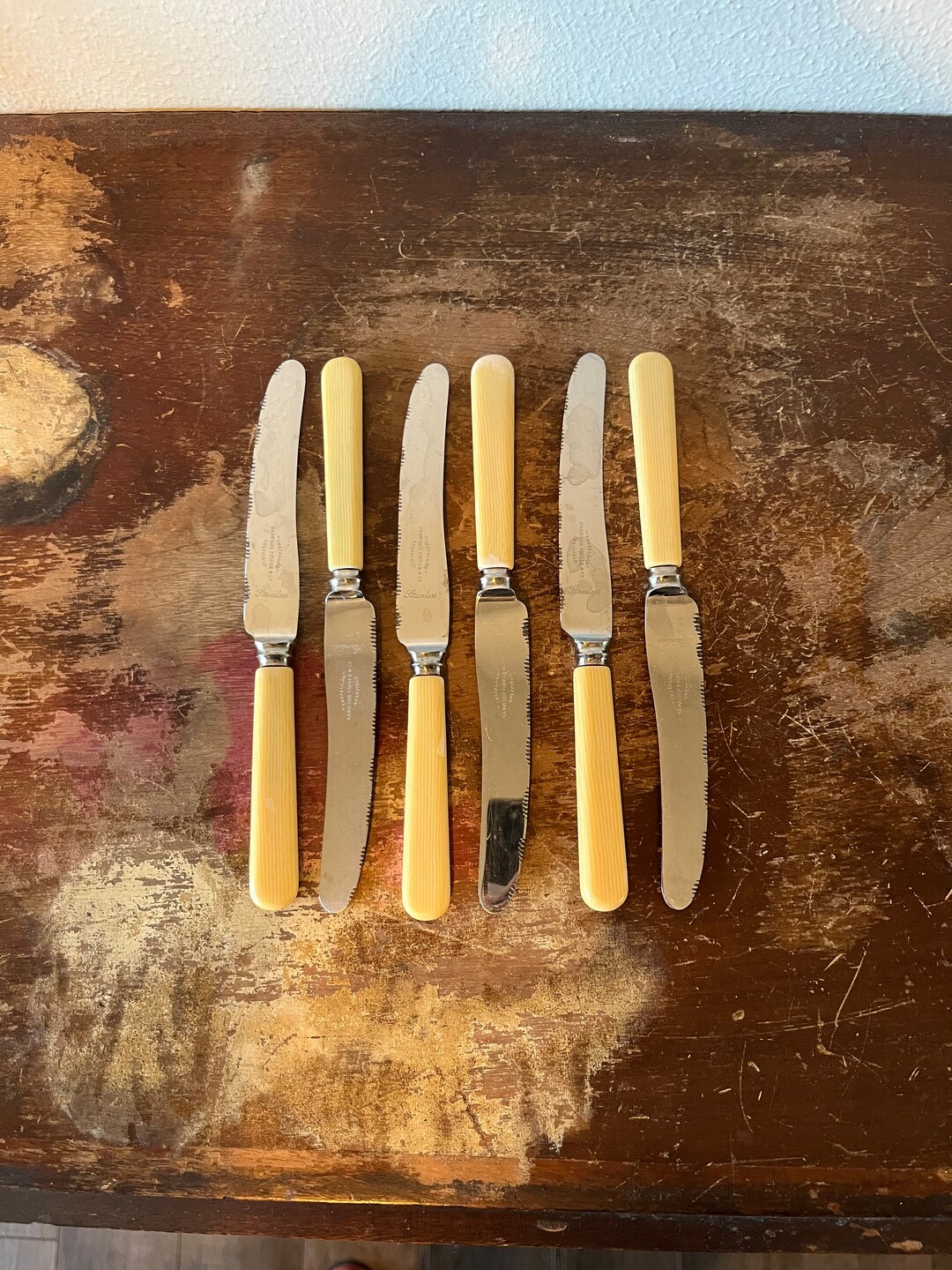 Six Antique English Harrison Fisher & Co Faux Bone Handle Dinner Knives