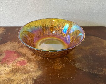 Vintage Carnival Glass Iridescent Diamond Pattern Sawtooth Edge Bowl Mid Century