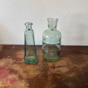 Two Vintage Glass Bottles Round Tapered Square Funky Glass Decor Blue Green Glass