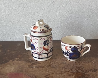 Antique Gaudy Welsh Oyster Pattern Diminutive Milk Pitcher and Small Cup Luster