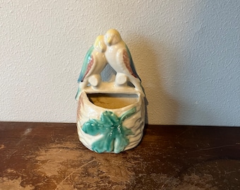 Vintage Love Birds Ceramic Roseville Style Wall Pocket Pink and Teal Wall Decor