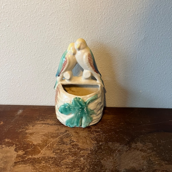 Vintage Love Birds Ceramic Roseville Style Wall Pocket Pink and Teal Wall Decor