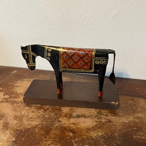 Vintage Hand Painted Metal Mid Century Modern Horse Sculpture Formed Tin Wood Base Red and Black Horse