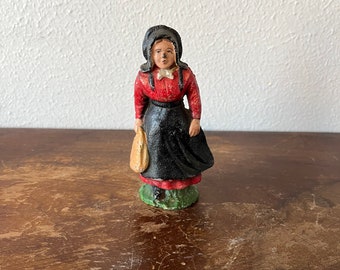 Vintage Cast Iron Painted Amish Woman Figurine 4.25” Painted Figurine Petticoat Bonnet Farmhouse Decor County Chic Vintage Decor
