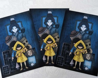 Tiny Nightmares Illustration A4 Art Print, Videojuego independiente, Six y Mono Spooky Digital Print