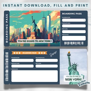 Boleto de regalo para viaje sorpresa a Nueva York, tarjeta de embarque imprimible para Nueva York, boleto de viaje digital editable, regalo sorpresa para vacaciones, regalo personalizado