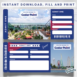 Cedar Point Surprise Trip Ticket, bearbeitbare Vergnügungspark Bordkarte, druckbares Urlaubsgeschenk, digitales Freizeitparkticket