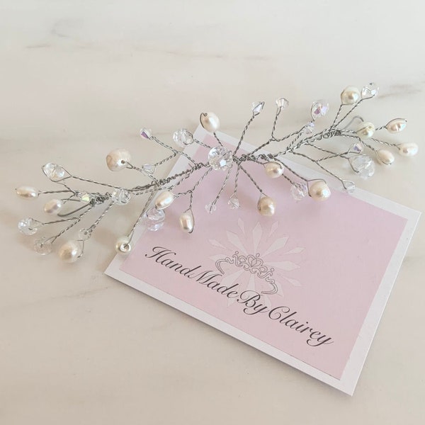 Pretty Silver Bridal Hair Vine Handmade with Pearls and Crystals