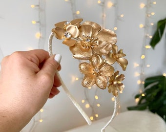 Luxury Gold Floral Bridal Hairband with Gold Flowers