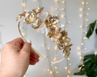 Gold Floral Bridal Hairband with Pearls, Sparkly Crystals Gold Flowers and Rhinestones