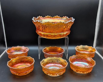 Northwood Marigold Carnival Glass Grape and Cable Master Berry Bowl Set 7 Piece