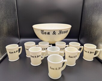 Vintage McKee Custard Glass Tom & Jerry Large Punch Bowl and 10-Mug Set Uranium