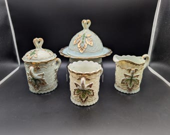 Antique Northwood Maple Leaf Custard Glass 4-Piece Table Set Gold Accents UV