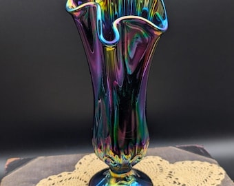 Vintage Fenton Iridescent Amethyst Handkerchief Vase w/ Original Sticker 9"