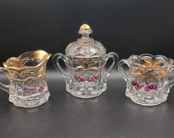 VTG Northwood Glass Cherry Thumbprint Cherry & Cable Creamer Sugar Spooner Set