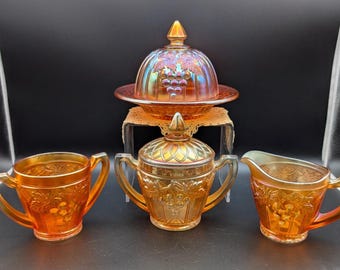 Antique Northwood Grape & Gothic Arches Marigold Carnival Glass 4-Pc Table Set