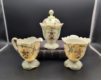 Collectible Harry Northwood Custard Glass Covered Sugar Creamer Spooner Set