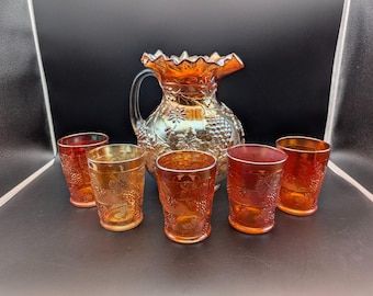 VTG Dugan Floral & Grape Marigold Carnival Glass Water Pitcher Set w/ 5 Tumblers
