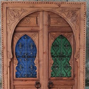 Double door with Moroccan wrought iron window/Antique Moroccan Berber hand-carved wood door/wall decor