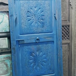 Riad door, Blue wooden barn door, traditional vintage door, old Moroccan panel, cedar door, blue boho door.