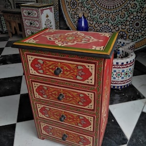 Moroccan chest of drawers in solid red painted wood, antique oriental sideboard, genuine Moroccan craftsmanship