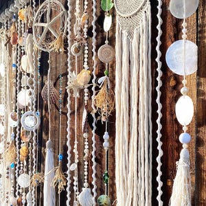 Coastal Bohemian Beaded Curtain, Seashell Macrame Dreamcatcher Hanging, Beach Wedding Backdrop, Patio Garden Decor, Sea Shell Wall Hanging