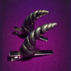 Peut inclure: Deux pinces à cheveux argentées en forme de cornes torsadées. Les pinces sont sur un fond violet.