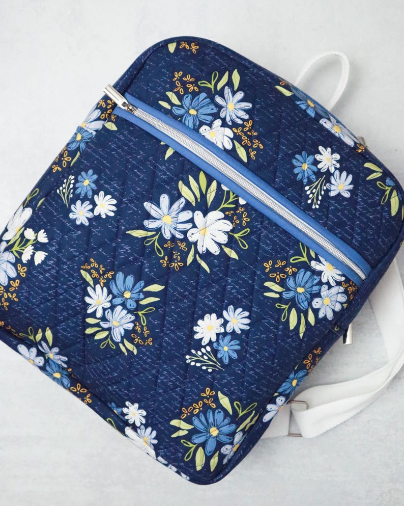 May include: A navy blue quilted backpack with a floral pattern of white and blue flowers. It features a silver zip, light blue trim, and white straps. The design includes a subtle script-like background.