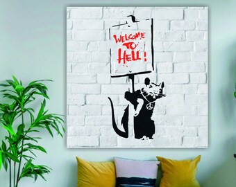 50x70 Quadri Moderni per la casa Welcome to Hell Tela Canvas Pronto da Appendere Giallobus Quadro Banksy 