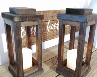 Set of 2 - Rustic Wooden Wood Candle Lanterns, Wedding, Table Centerpiece, 8 - 13 inch Tall, Farmhouse, Decor, Wedding Reception, Latern