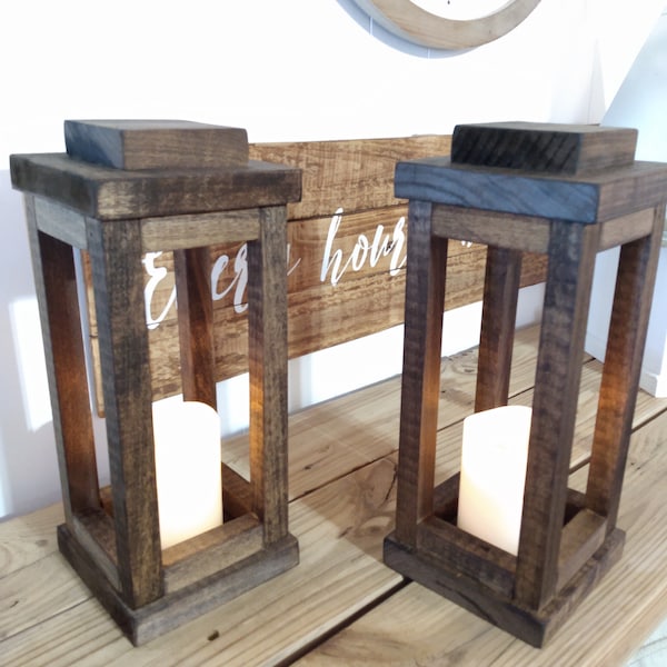 Set of 2 - Rustic Wooden Wood Candle Lanterns, Wedding, Table Centerpiece, 8 - 13 inch Tall, Farmhouse, Decor, Wedding Reception, Latern