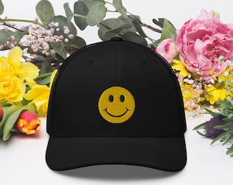 Geborduurde truckerpet met smileygezicht, pet met patch