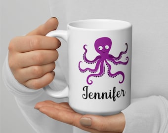 Personalized Octopus Ceramic Coffee Mug, Ocean Lover Gift