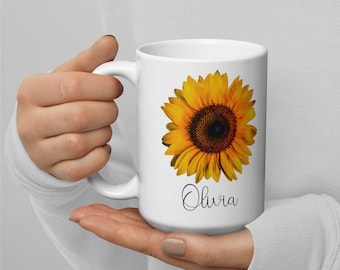 Keramische koffiemok zonnebloem: gepersonaliseerd cadeau voor naam