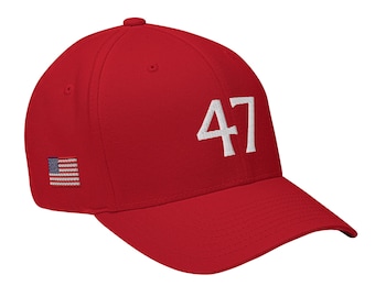 May include: Red baseball cap with a white embroidered American flag and the number 47 on the front.